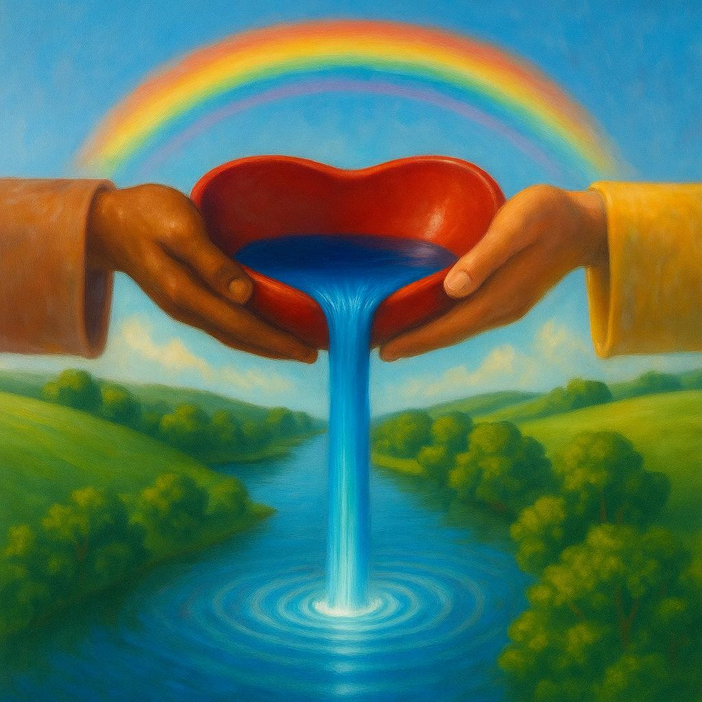 Tyneheart logo of hands holding a heart dish pouring water into a river beneath surrounded by trees and a rainbow in the sky
