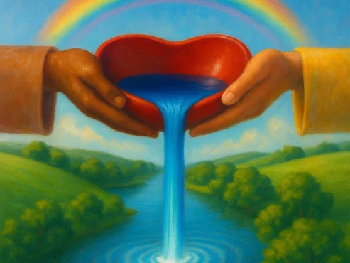 Tyneheart logo of hands holding a heart dish pouring water into a river beneath surrounded by trees and a rainbow in the sky